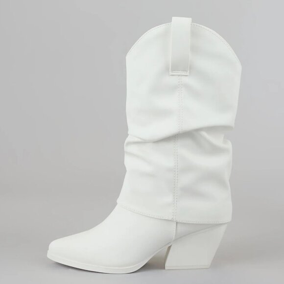 New White Slouchy Fold-Over Cowboy/Cowgirl Western Mid Calf Boot Chunky Med Heel - Picture 4 of 6